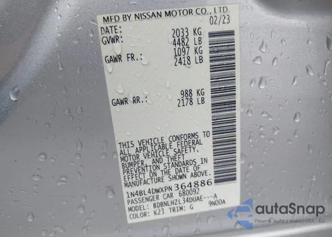 2023 Nissan Altima Sv Intelligent Awd from USA, damaged, VIN 1N4BL4DWXPN364886